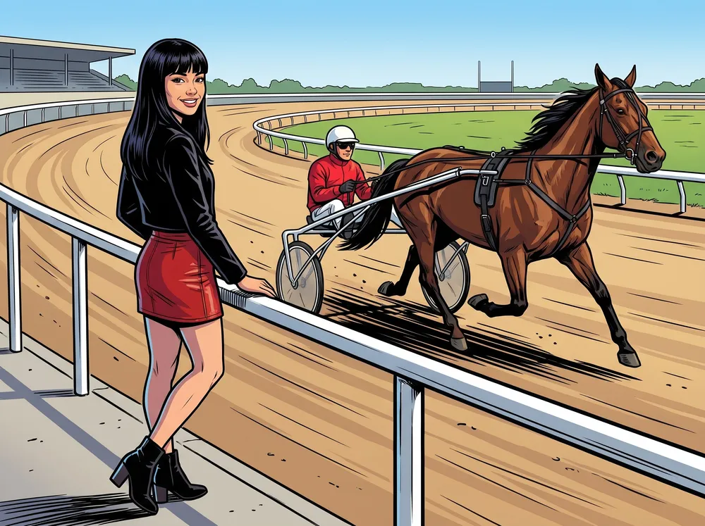 Drawing: the same young woman stands at the white rail of a dirt racetrack while a trotting horse pulls a racing sulky past her.